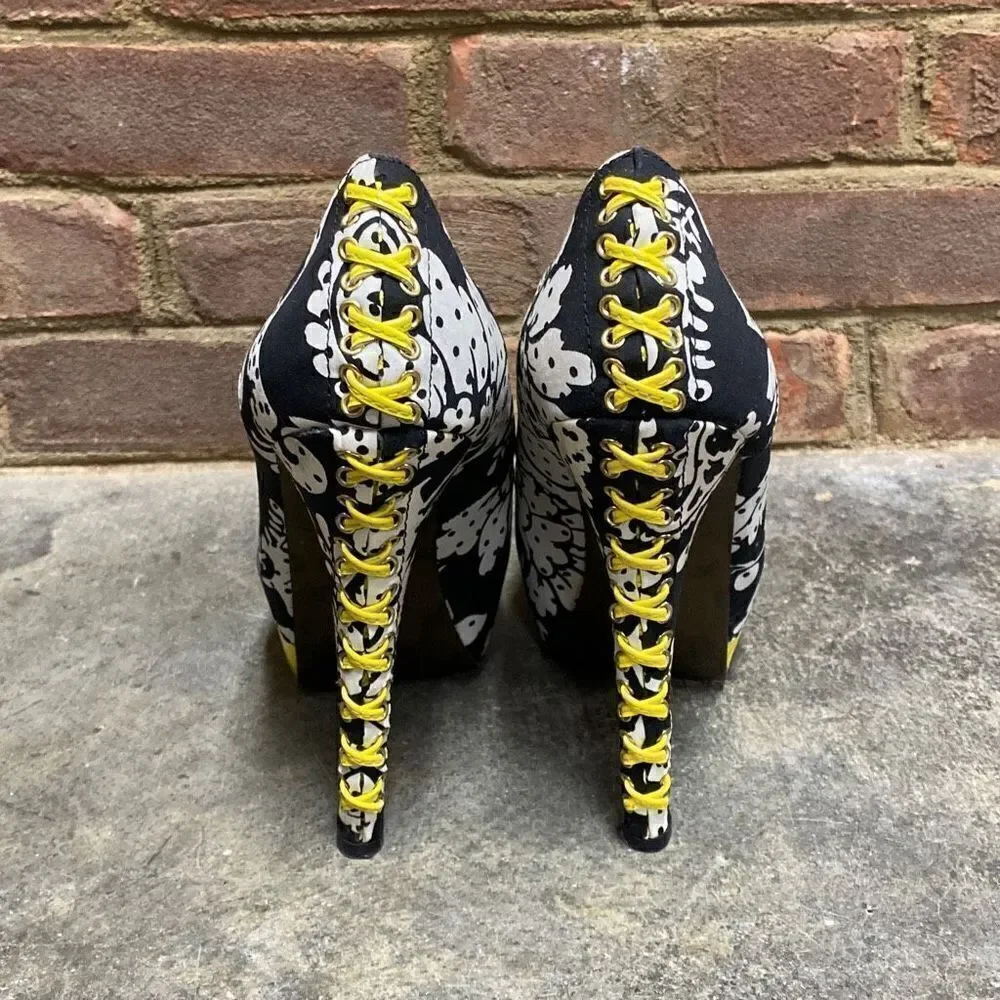 Betsey Johnson Black-White-Yellow Peep Toe Platform Stiletto Heels Size 8.5 - Picture 5 of 12